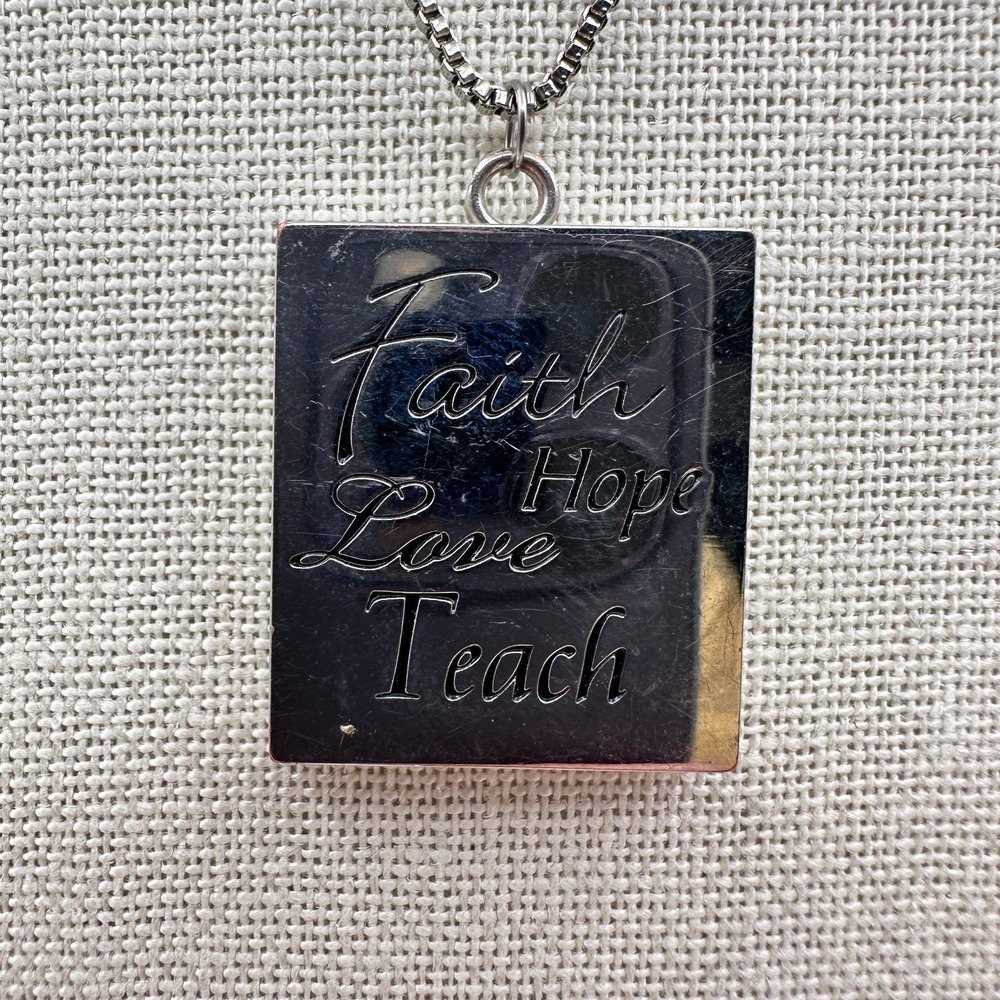 Vintage 90s Faith Hope Love Teach Square Heart Pendant Necklace Silver Tone Boho